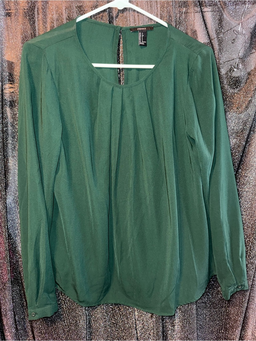 Forever 21 Dark Green Pleated Long-Sleeve Blouse